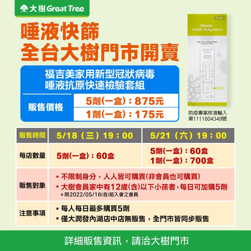 大樹藥局21日晚間7點開賣唾液快篩5入盒裝（875元）及單劑（175元）兩種規格，每人每日限購5劑。（翻攝自大樹藥局臉書）