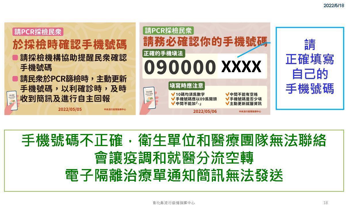 葉彥伯在記者會出示修改過的宣導圖卡，提醒民眾PCR採檢務必正確填寫自己的手機號碼。（翻攝自王惠美臉書）