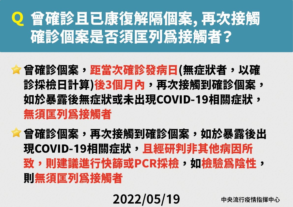 指揮中心說明，康復後免被匡列為接觸者。（指揮中心提供）