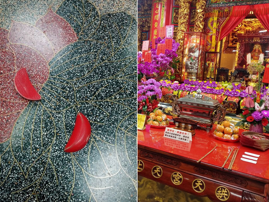 為爭取雙媽跨界聯名機會，東和食品團隊特別到拱天宮擲筊，獲得白沙屯媽祖聯名同意。（東和食品提供）