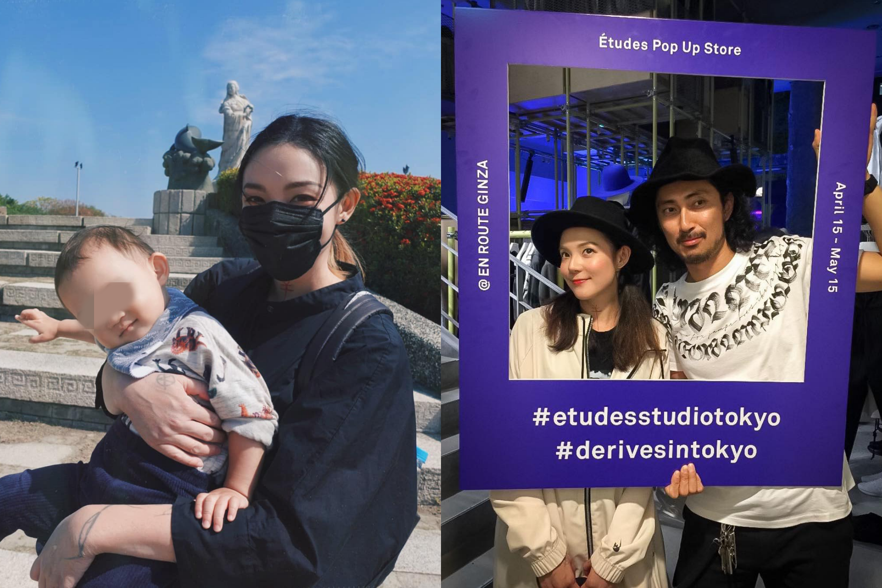 歐陽靖（左圖右、右圖左）和日籍老公小菅亮輔（右圖右）婚後沒多久就過上偽單親生活，2年來都獨立扶養兒子新醬（左圖左）長大。（翻攝自歐陽靖・裏東京生存記臉書）