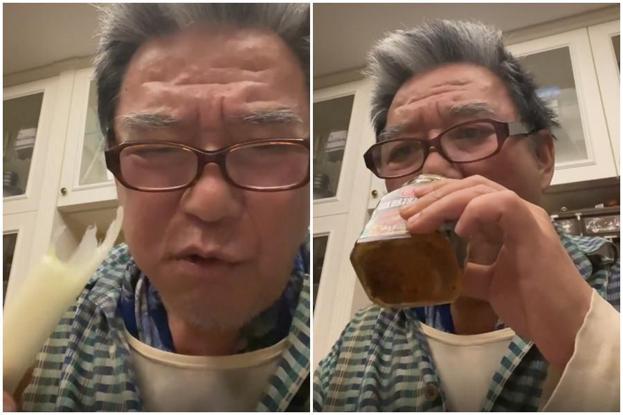 李立群17日在影片中啃大蔥,還把拌麵醬加水當成湯來喝。(翻攝自李立群抖音)