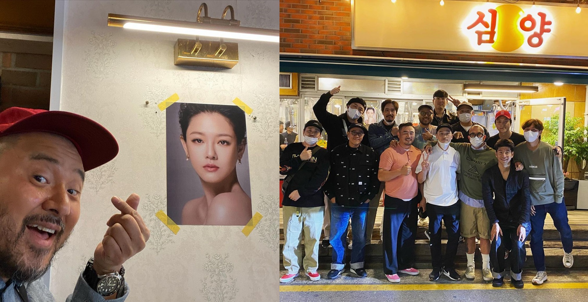 沈泰允日前餐廳開幕時收到具俊曄與大S的祝賀花籃，他特地在店內貼大S照片合影致謝（左圖），返韓的具俊曄昨也到沈泰允的店裡與好友相見歡。（翻攝自沈泰允Instagram）
