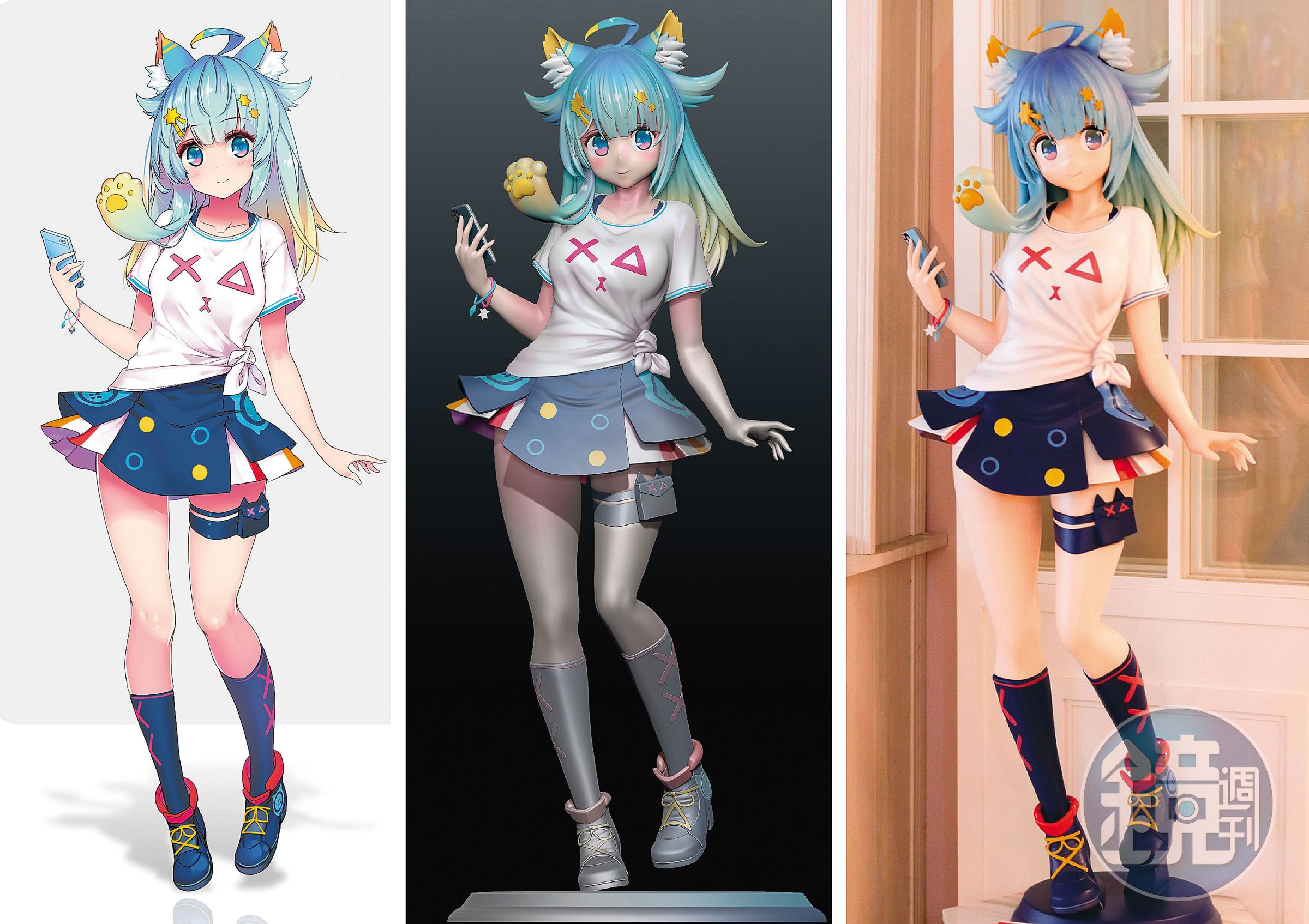 圖左起為VTuber「懶貓子」從2D圖像轉換成3D、到實體化公仔的對照。（BS STUDIO提供）