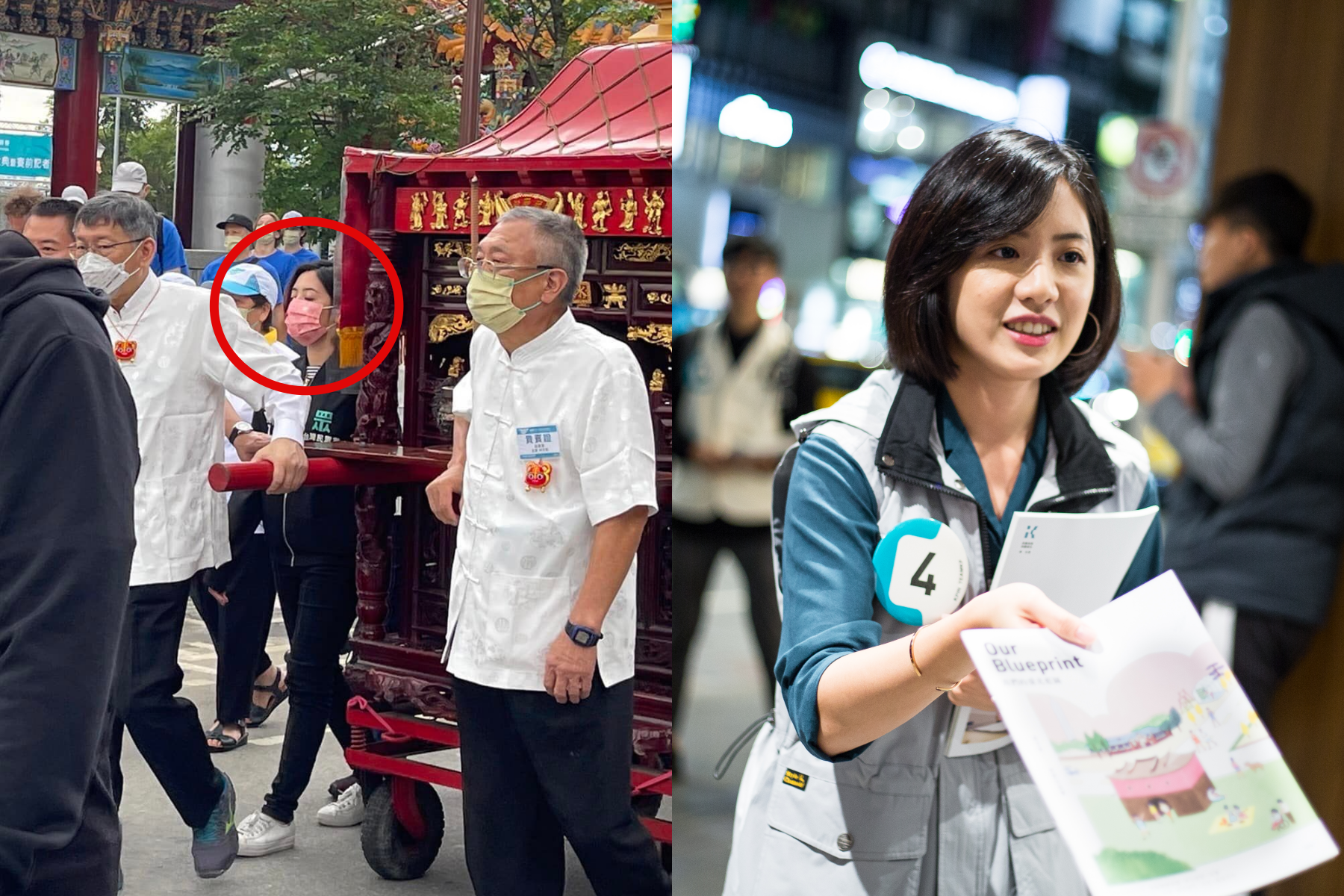 民眾黨議員參選人黃瀞瑩（左圖紅圈者、右圖）被發現陪同台北市長柯文哲出現在北市府主辦的活動。（翻攝自護台胖犬 劉仕傑臉書、本刊資料照）