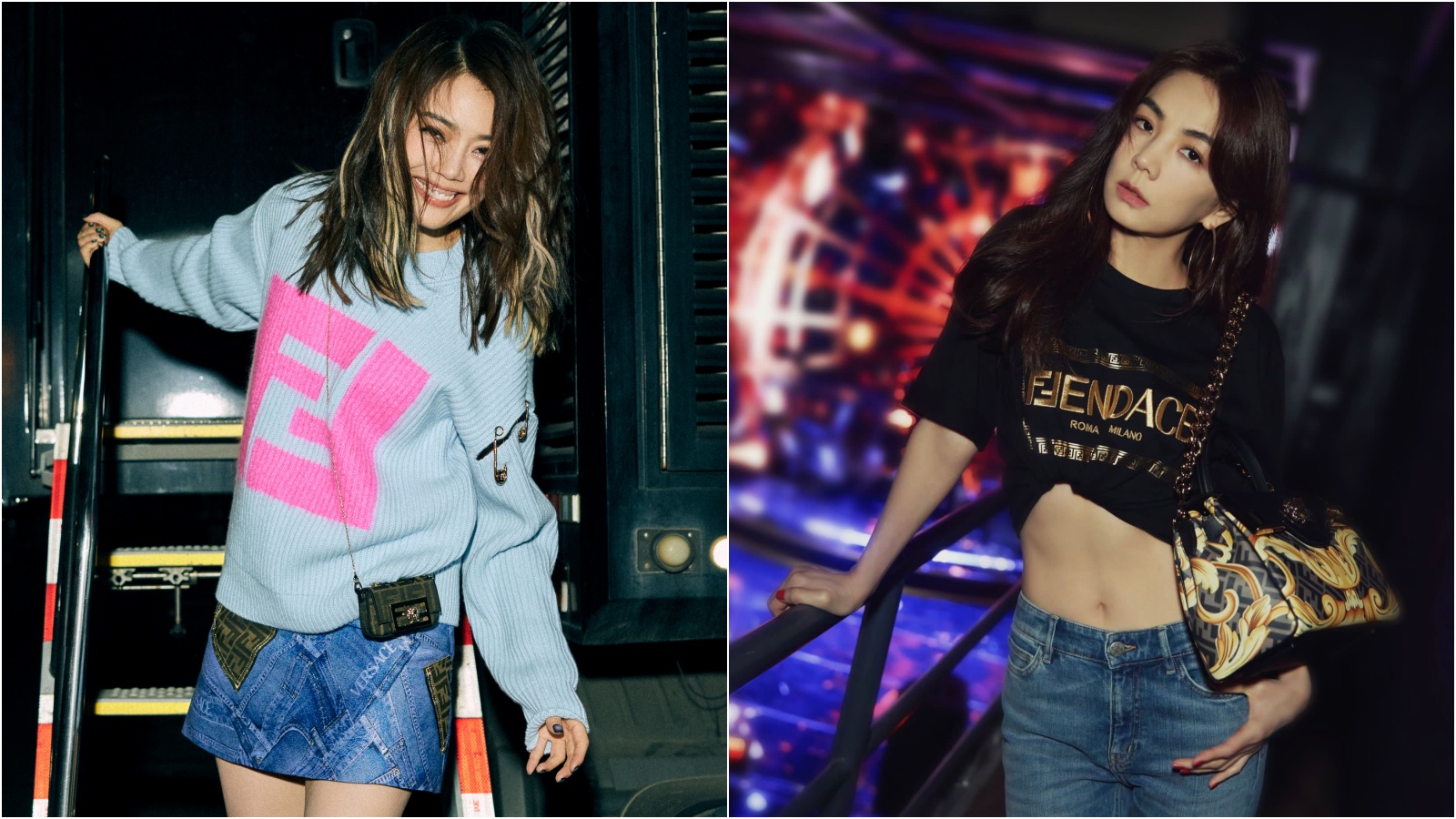 （左起）容組兒、Ella陳嘉樺穿上FENDACE新裝詮釋最新時尚風格。（VERSACE提供）
