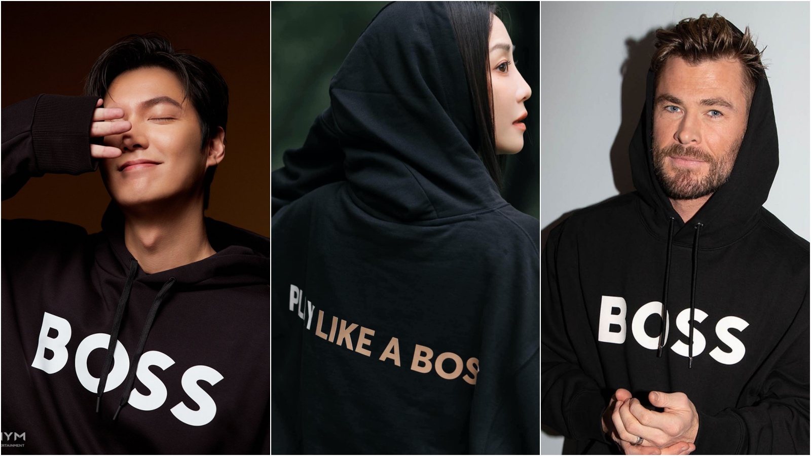 謝欣穎（圖中）穿上與李敏鎬（圖左）、雷神索爾克里斯漢斯沃一樣的BOSS連帽衫。（合成照片）