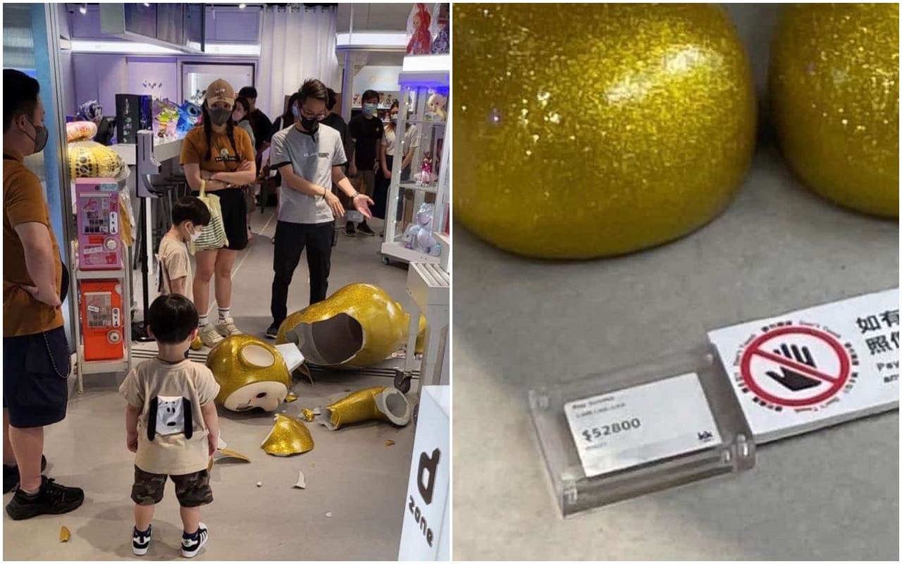 有位小男孩疑似不小心碰倒價值20萬元的天線寶寶公仔，結果它當場砸在地上碎裂「斷頭」。（翻攝自「香港抗疫關注組」臉書粉專）