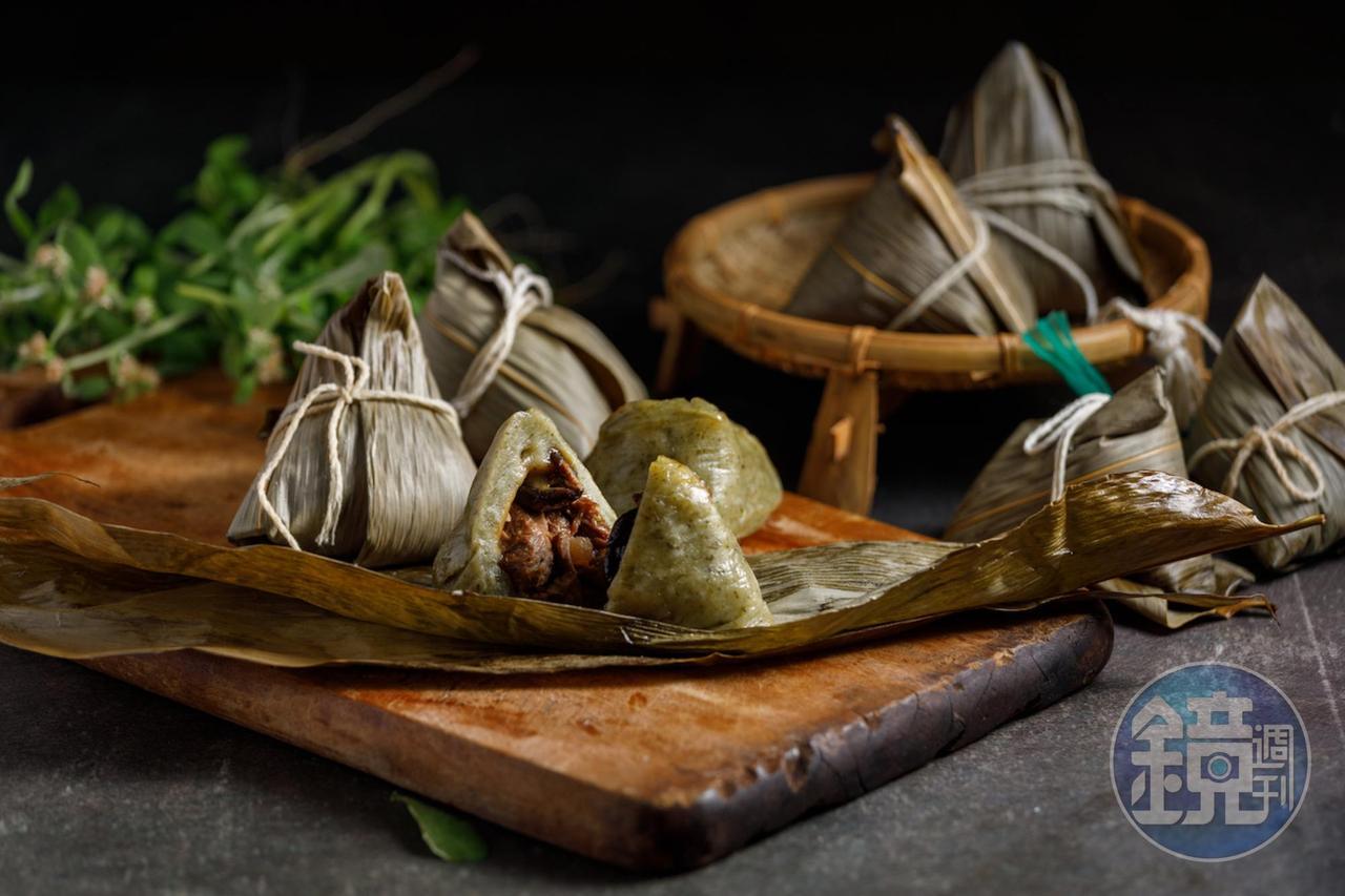 「鼠麴草粿粽」，淡綠Q糯的表皮上可見點點綠葉。（玉荷圓米食坊，40元／顆）