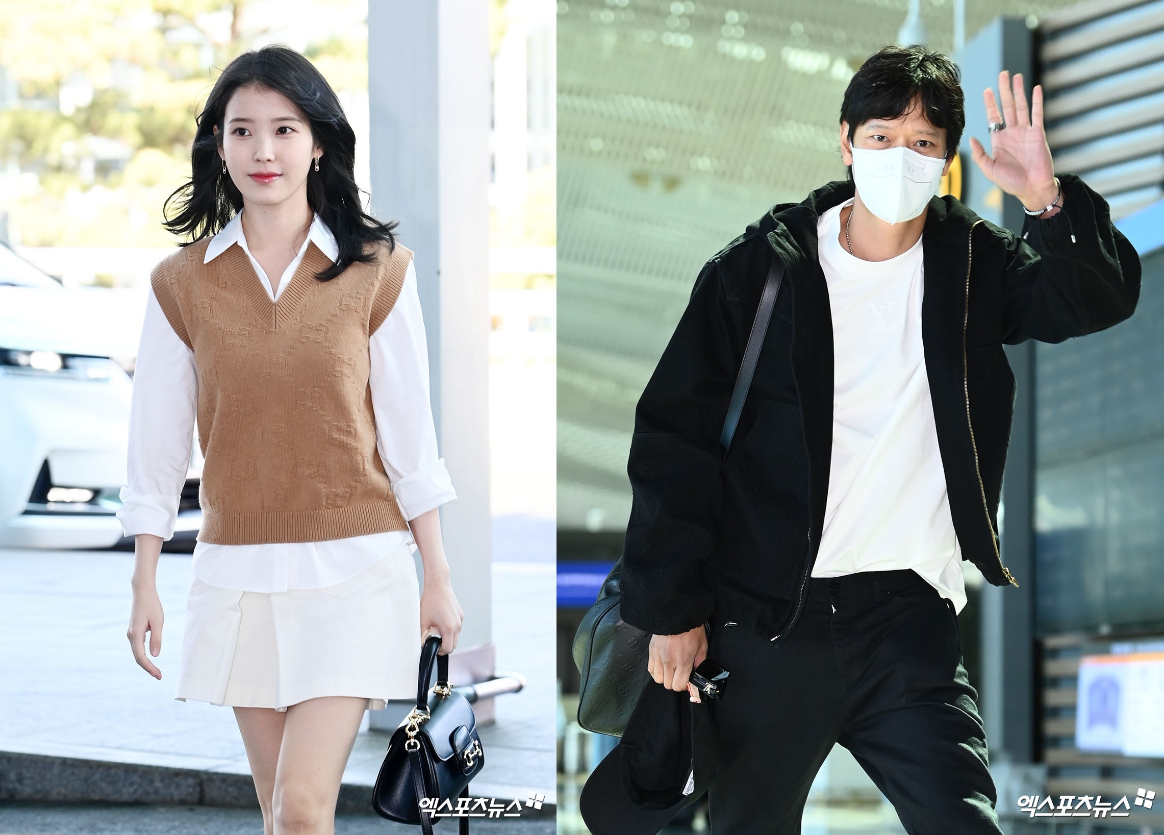 姜棟元（右圖）與IU今天早上陸續從仁川機場出發，為《嬰兒轉運站》（Broker）前進坎城影展。（翻攝自xsportnews）