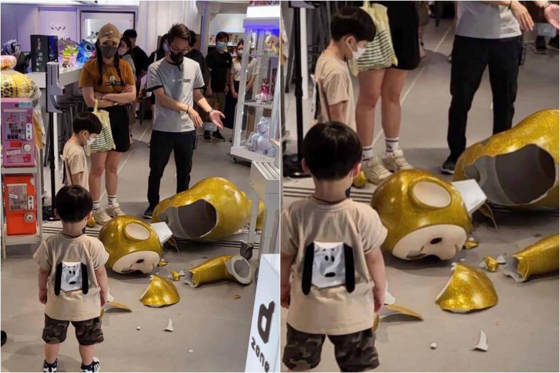 香港一名男童在玩具店鋪意外碰撞到大型天線寶寶公仔，事件引發一連串討論。（翻攝自臉書香港抗疫關注組）