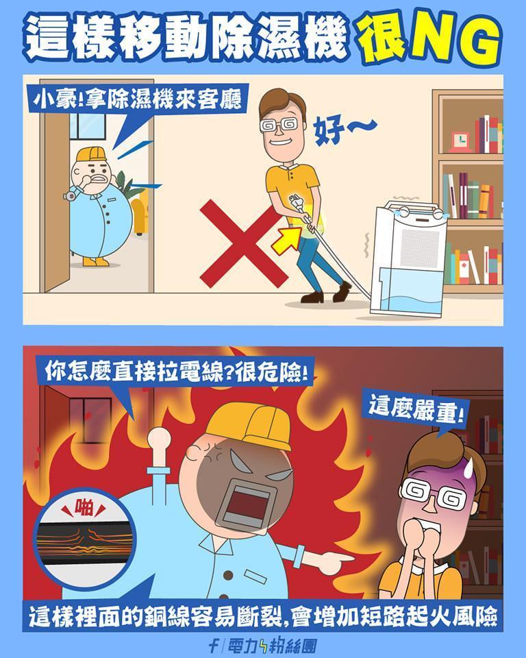移動除濕機時,千萬不要「直接拉電線來拔插頭」或是「拉電源線方式來移動」。(翻攝自台電電力粉絲團)