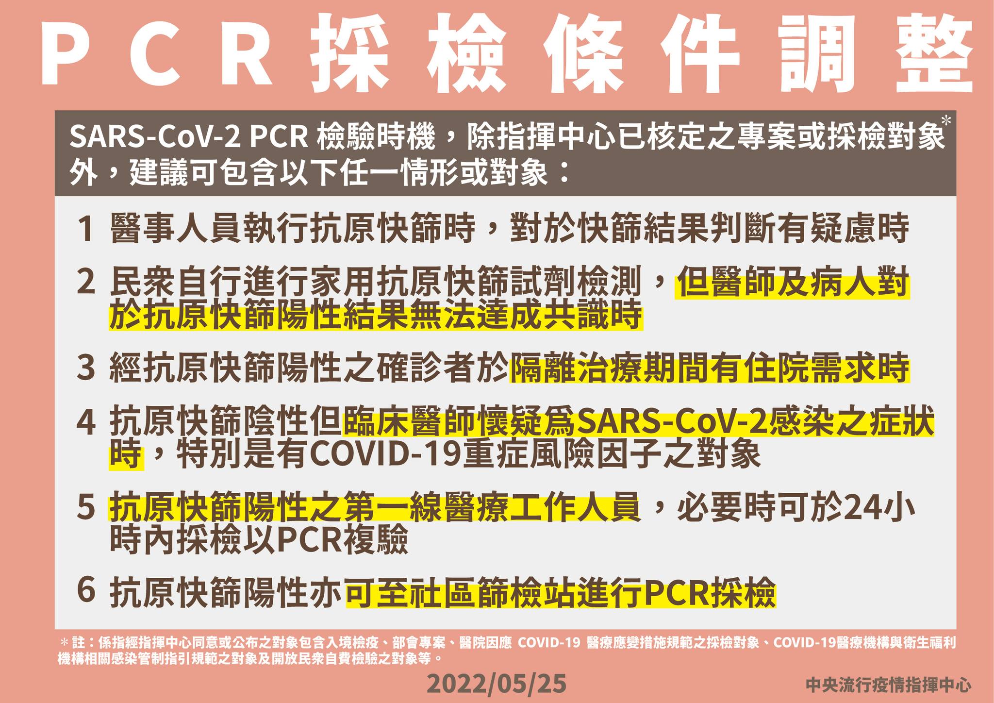 指揮中心說明，PCR採檢條件適用對象。（指揮中心提供）