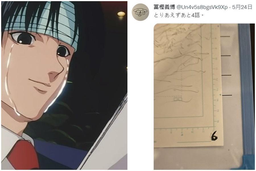 冨樫義博連2天的推文引起動漫迷熱烈討論,粉絲拿《獵人》動畫截圖當哏圖,顯示對冨樫終於動筆有多感動。(翻攝自推特)