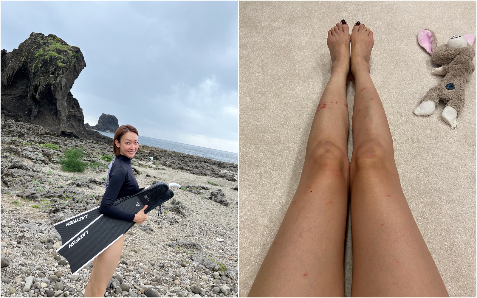 潘慧如穿了露腿的防寒衣下水前就有被電的心理準備，結果筆直的玉腿也真成了紅豆冰棒。（球狀星團提供）