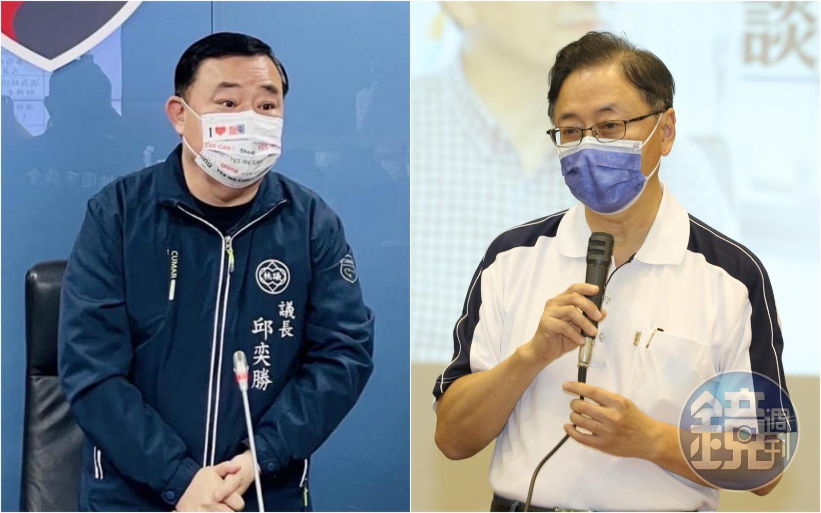 桃市議長邱奕勝（左）今與張善政（右）終於碰面，兩人也進行閉門會談交流意見。（左翻攝邱奕勝臉書／右為資料照）