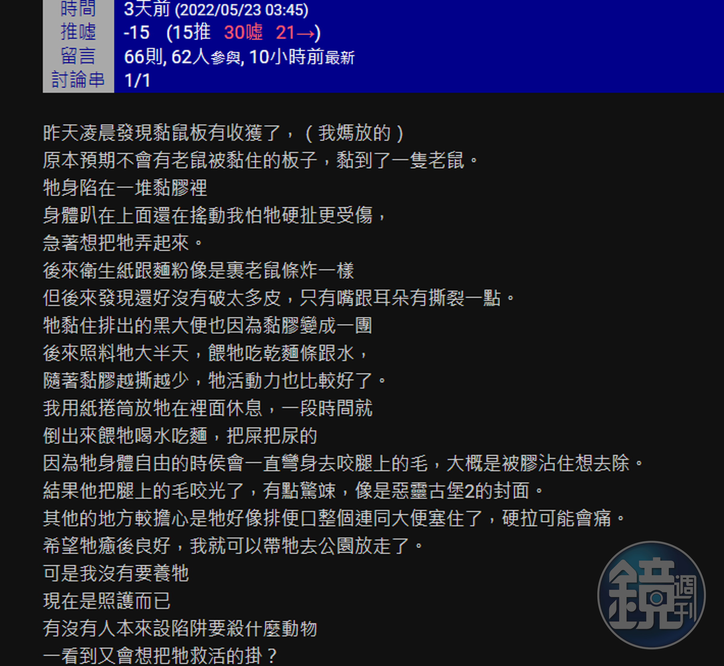 原PO分享自己解救老鼠的經驗。（翻攝PTT）