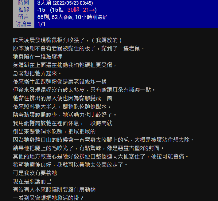 原PO分享自己解救老鼠的經驗。（翻攝PTT）