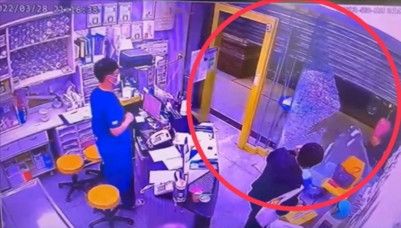 新北市一名男子,因認為獸醫醫術不好,持鐵槌怒砸醫院。(翻攝畫面)