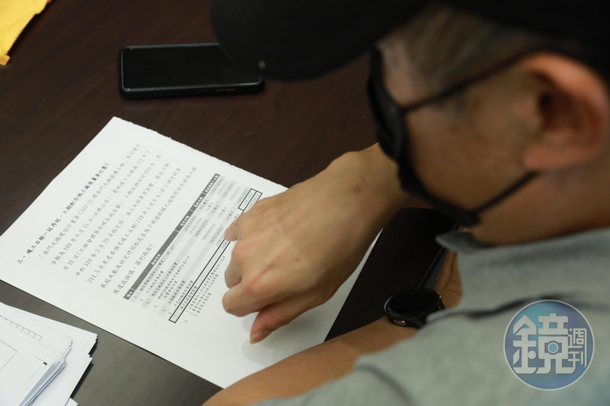 A先生指出金門大橋接續工程延宕8次,理由語焉不詳,質疑主管機關幫廠商規避鉅額逾期罰鍰。
