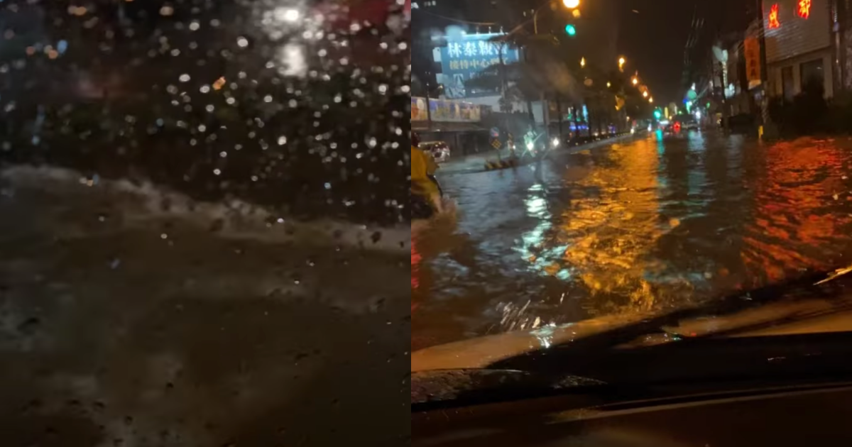 沙鹿民眾行經淹水道路，窗外可見陣陣「海浪」。（翻攝自沙鹿之美臉書）