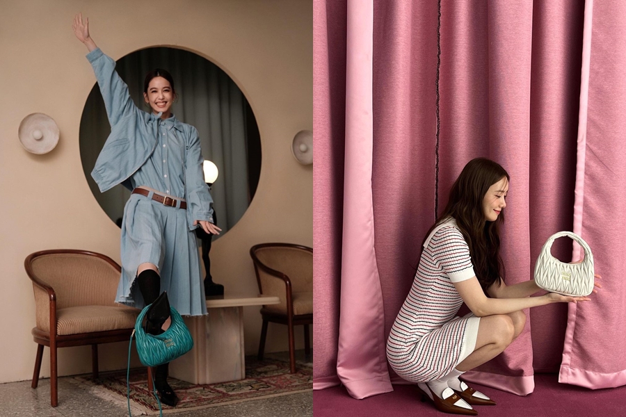 （左起）陳庭妮、潤娥，各自以不同詮釋方式，秀出全新的Miu Wander包款。（miu miu提供）