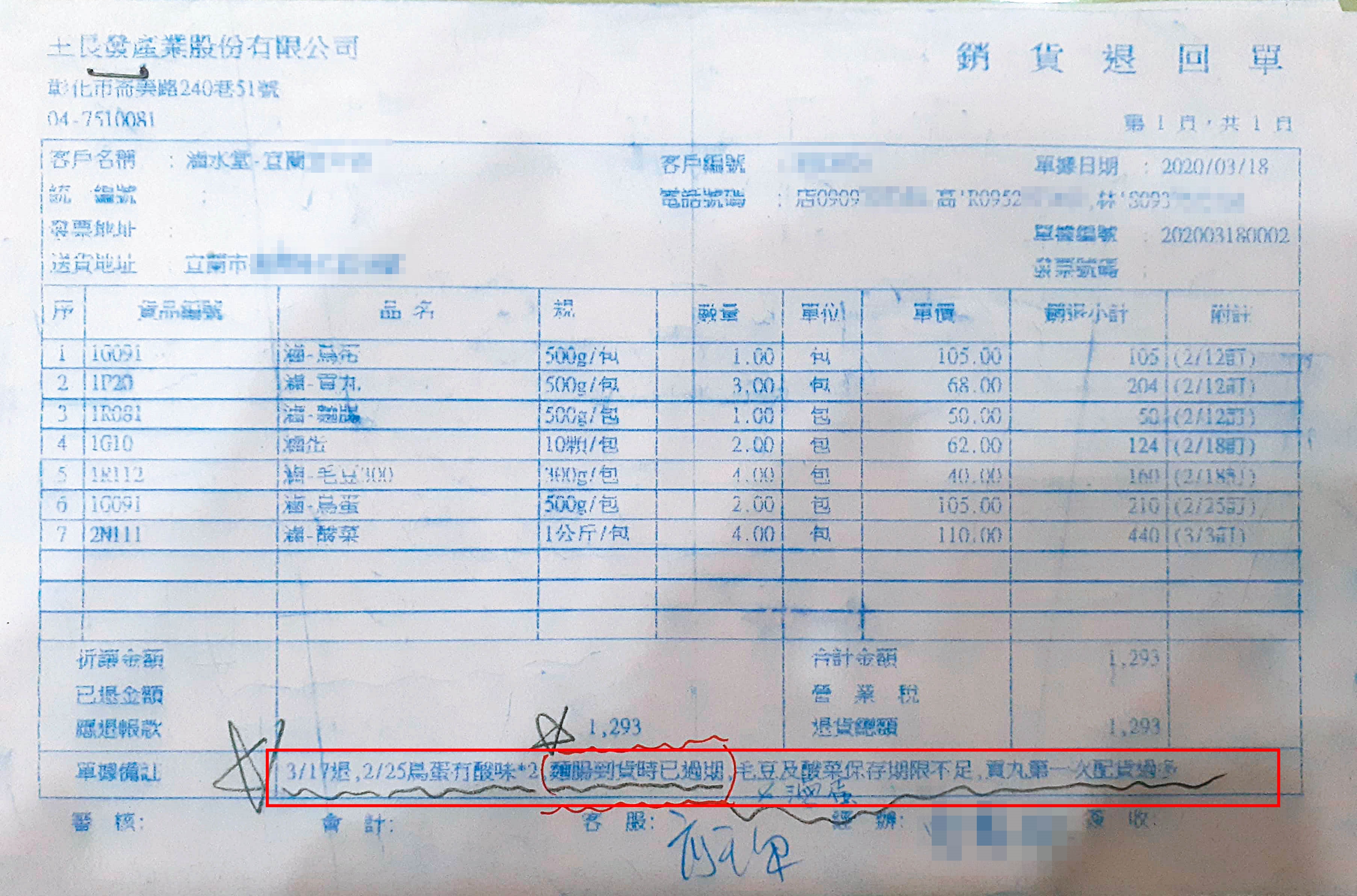Ｋ先生指控，總部提供的食材不僅有臭酸味，甚至還過期。圖為K先生退貨單。（讀者提供）