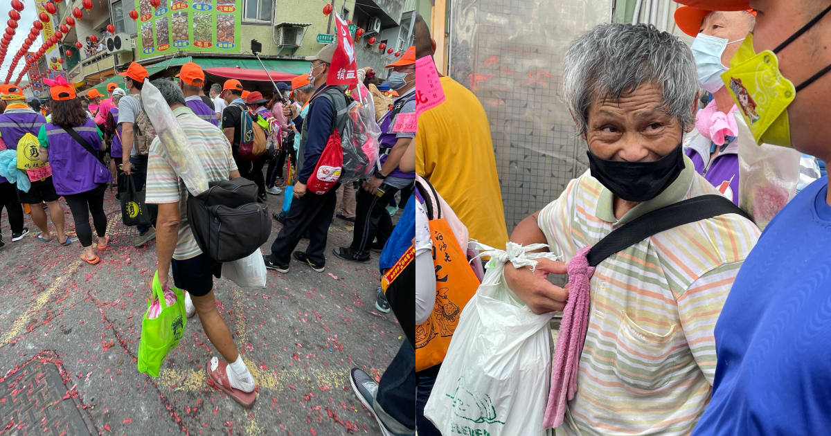 黃姓老翁跟隨白沙屯媽祖北港進香已有7年，信眾擔心誤踩黃姓老翁雙腳，刻意讓出一段空間保持距離。