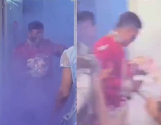 新郎結婚被丟煙霧彈，整張臉被燻黑，相當狼狽。（翻攝微博）