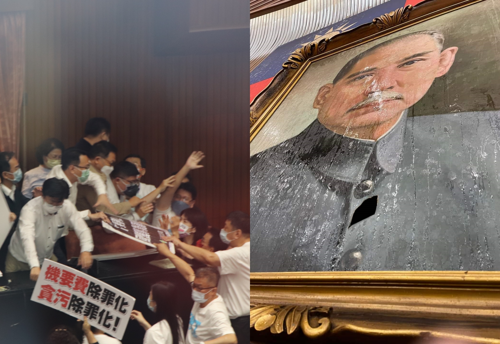 立院今日因「國務機要費除罪」一事爆發激烈衝突，國民黨立委丟水杯杯葛議事卻不慎將國父遺像砸破。（洪申翰提供）