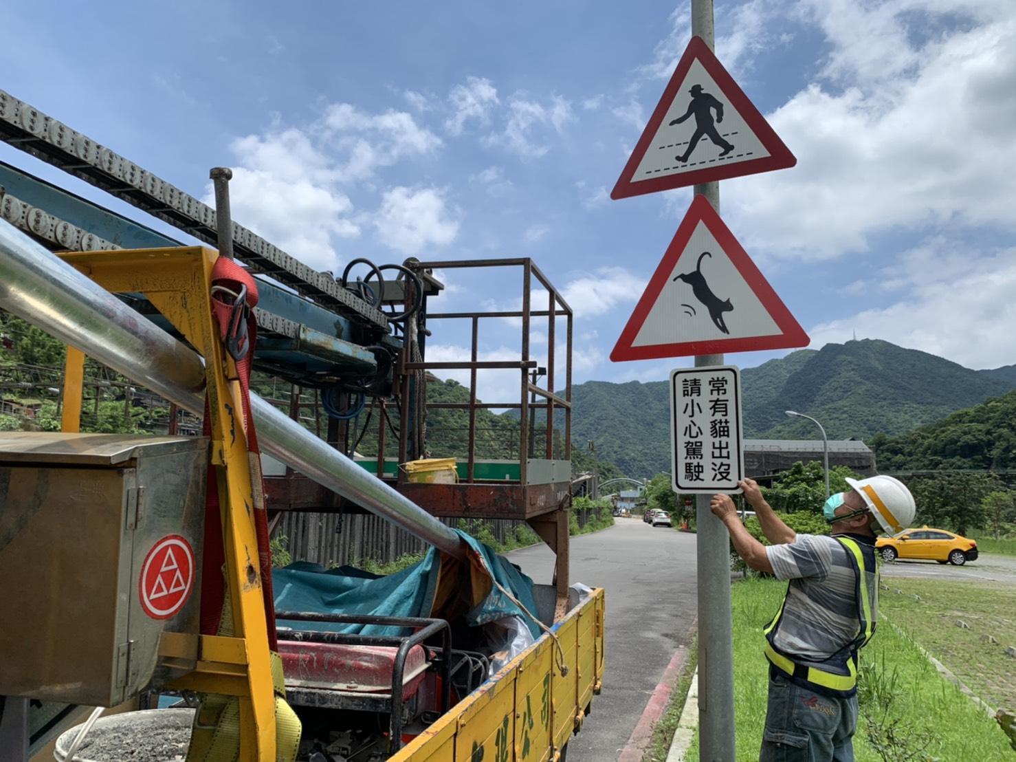 新北市交通局重新設置「當心貓咪」的交通警示標誌在猴硐火車站周遭。(新北市交通局提供)
