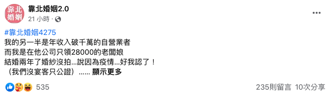 一名女網友抱怨老公婚前婚後判若兩人,請網友評理是「是我太計較還是他太小氣?」(翻攝Facebook靠北婚姻2.0)