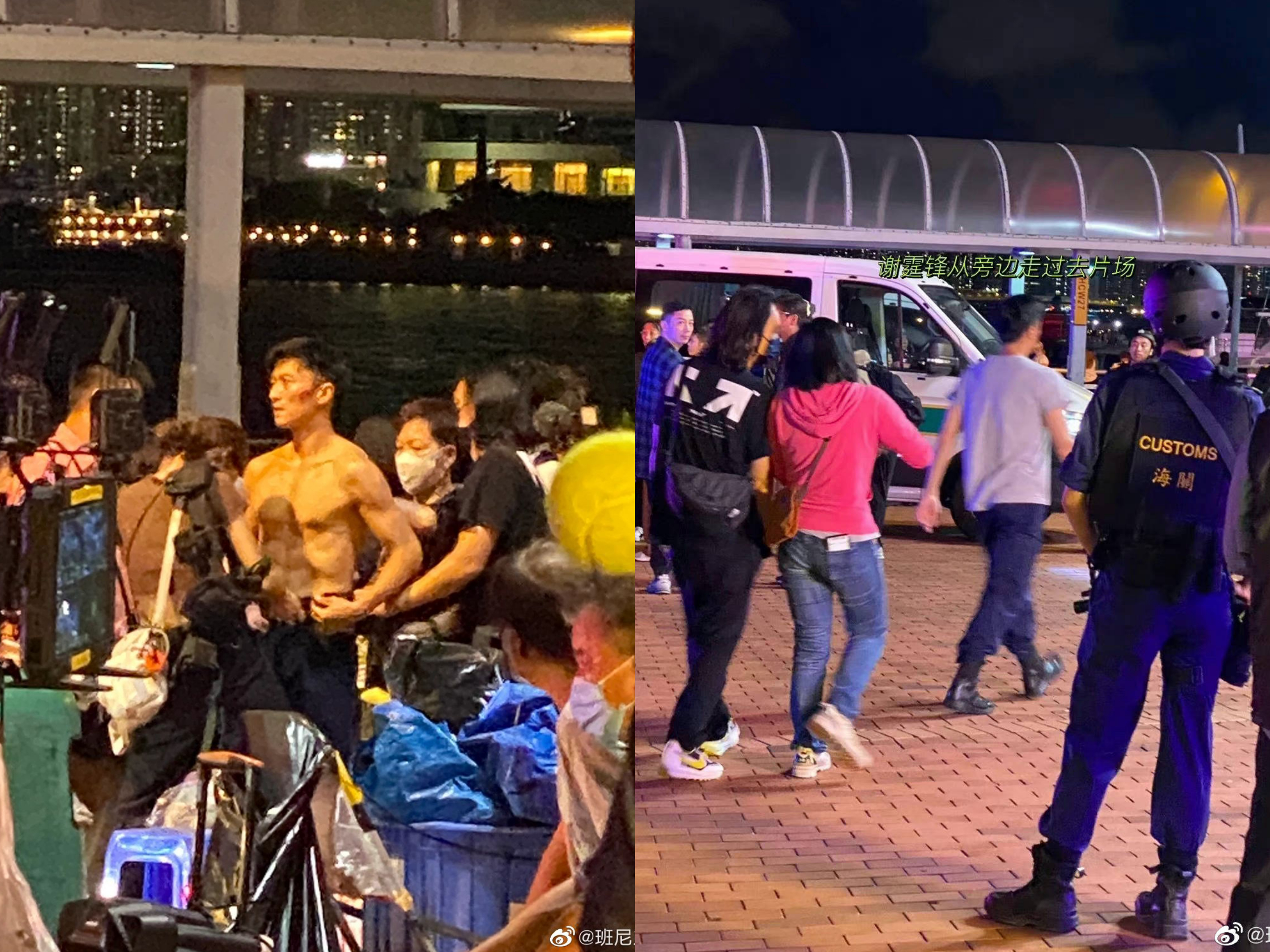 網友偶遇謝霆鋒半裸拍戲，看到他的養眼肉體忍不住「姨母笑」，而穿上衣服的謝霆鋒更是「穿衣顯瘦脫衣有肉」。（微博圖片）