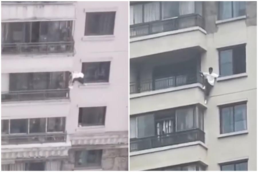 中國一名男子徒手從高樓上，向下攀爬，引起關注。（翻攝自西部決策微博）