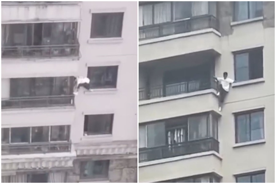 中國一名男子徒手從高樓上，向下攀爬，引起關注。（翻攝自西部決策微博）