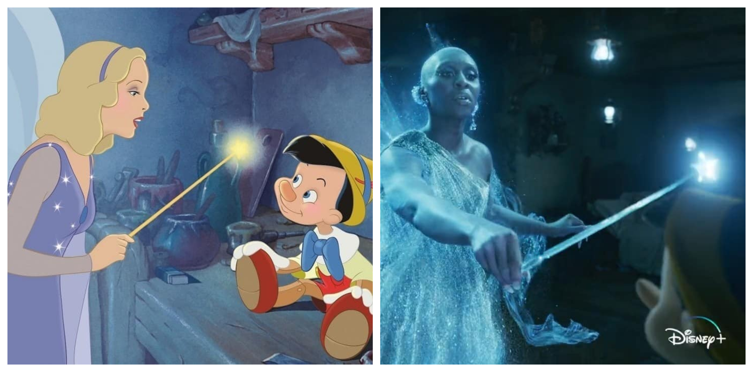 真人版《木偶奇遇記》中的藍仙女（右圖）與動畫版（左圖）的造型大相徑庭。（翻攝預告片／IMDb）