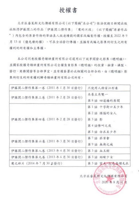 吳美麗北京公司與日方出版社簽訂的授權合約，竟無償獨家授權奇蹟映畫全權負責投資、融資、發行等事宜。（讀者提供）