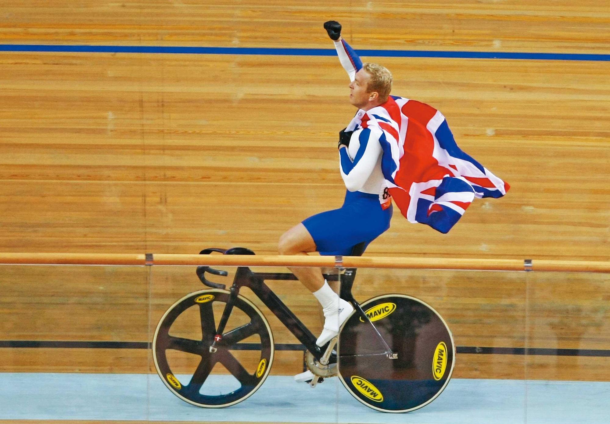 2008年北京奧運,英國自行車選手騎著明係代工的車勇奪8金。(達志影像)