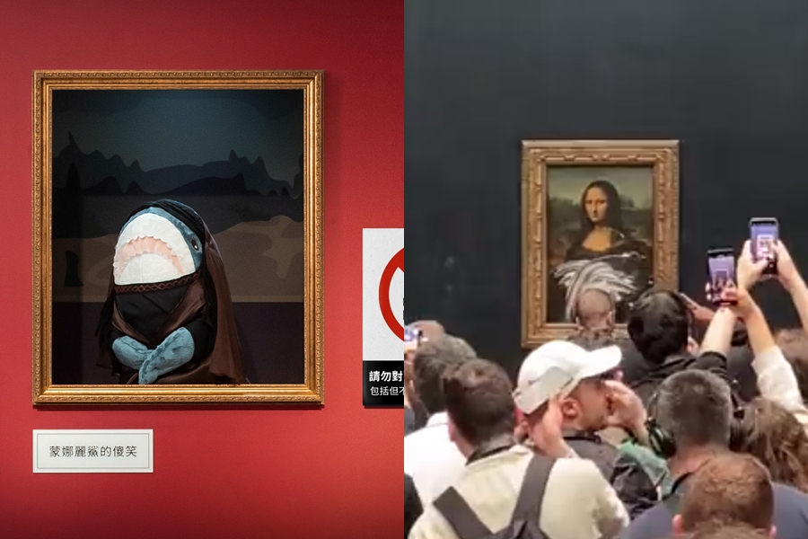 IKEA臉近日跟風名畫《蒙娜麗莎的微笑》遭丟蛋糕的時事哏，呼籲民眾不要對《蒙娜麗鯊》投擲蛋糕。（翻攝自IKEA臉書、twitter）