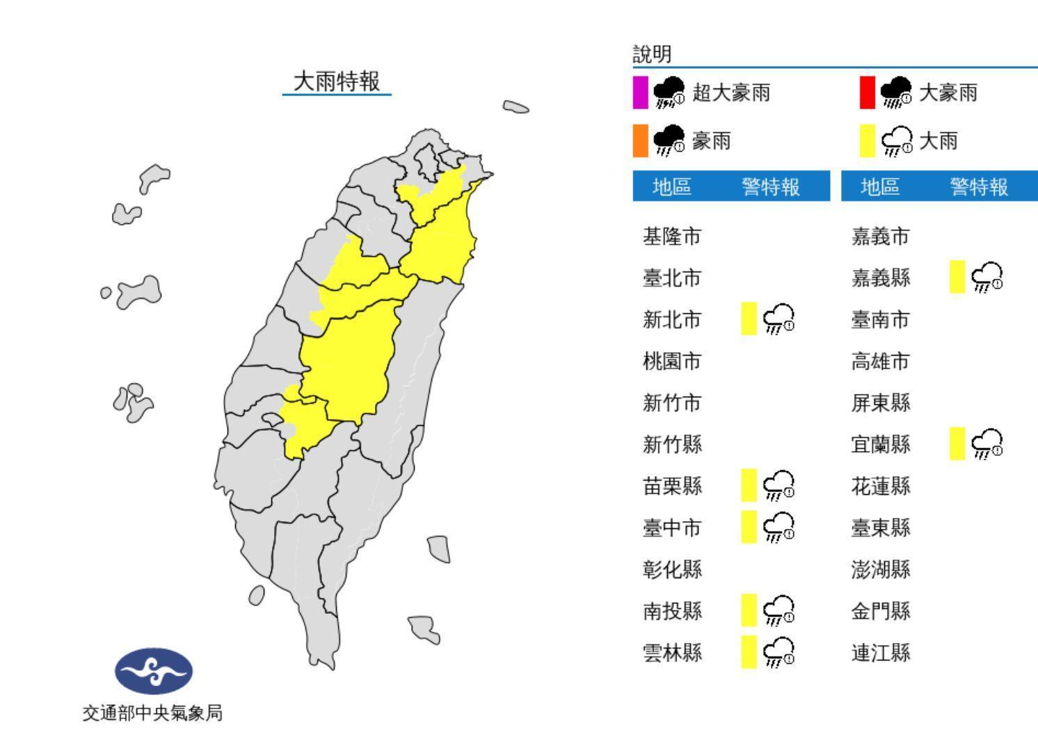 今午後對流雲系發展旺盛,易有短延時強降雨,稍早針對7縣市發布大雨特報。(翻攝自氣象局)