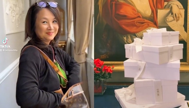 Amjea的媽媽（左圖）到羅馬的DIOR消費遭店員冷落，於是隔天她們回到店裡進行「報復」。（翻攝nahtyourbby抖音）