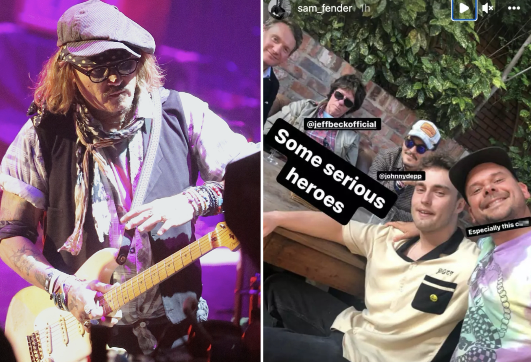 美國法院在宣判官司前，強尼戴普（左三）與好友傑夫貝克（左一）等人，一起在英國酒吧同樂。（翻攝自sam fender Instagram、左圖東方IC）