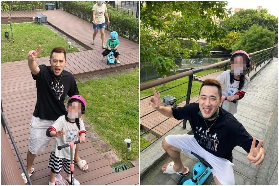 余祥銓當起「孩子王」，趁天氣轉晴帶余苑綺的一雙兒女到戶外玩。（翻攝自余祥銓臉書）