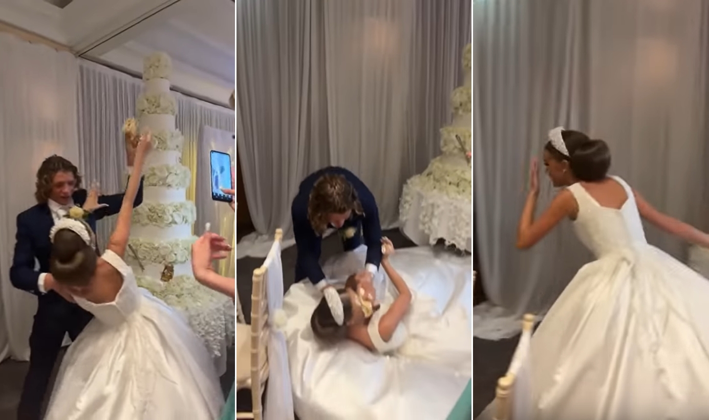 一位新郎在婚禮當天無視新娘的抵抗，硬將蛋糕奶油抹在她臉上。（翻攝ViralHog YouTube）