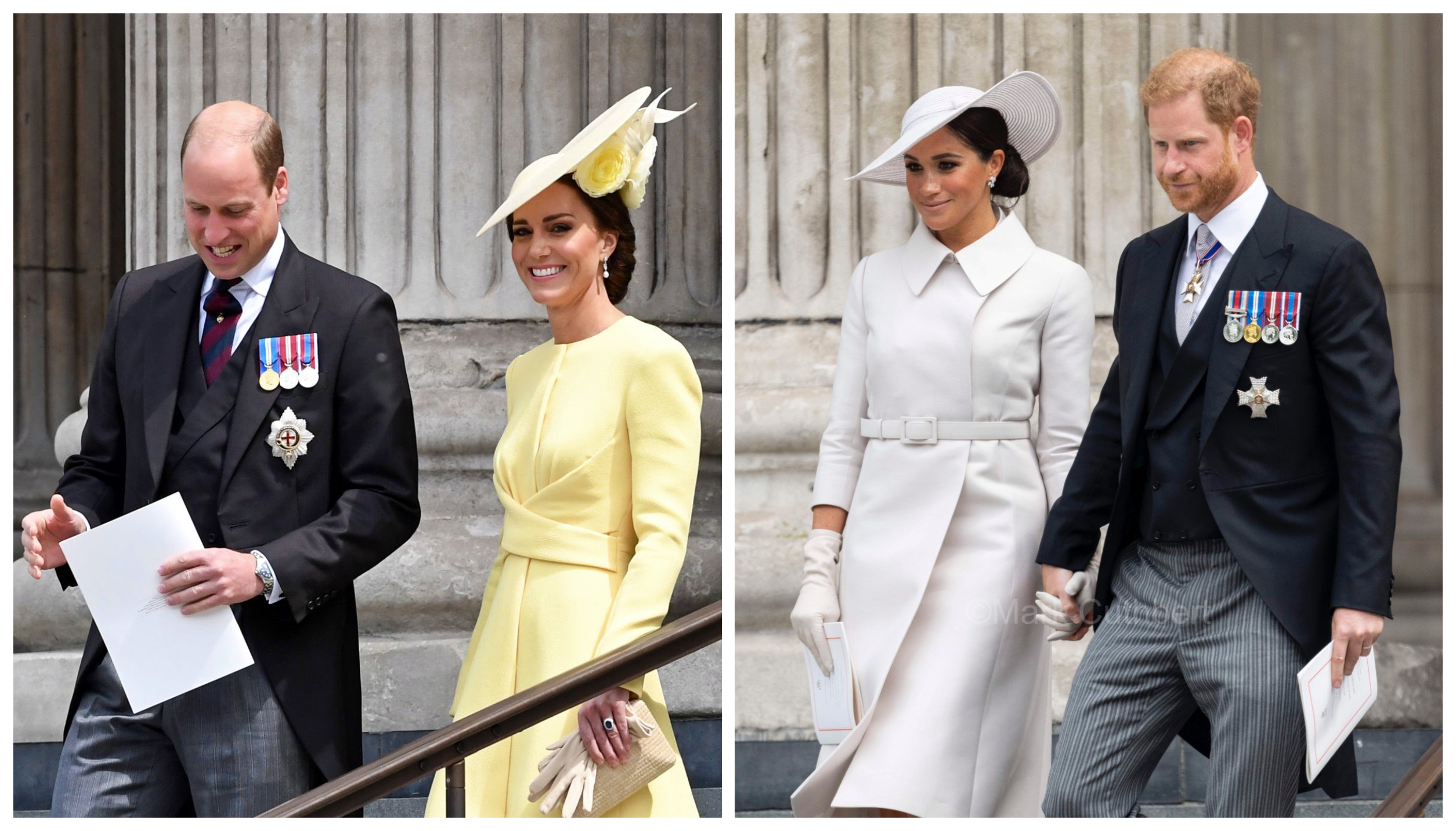 哈利王子與梅根（右圖）到聖保羅大教堂參加感恩節禮拜，與威廉王子夫婦（左圖）全程零互動。（翻攝PaigeMASTERS5推特／KaylaAdams___推特）