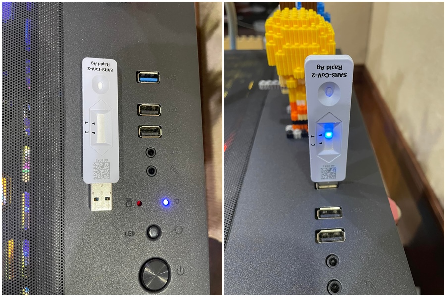 一名人妻分享自已的老公突發奇想，將快篩盤改造成隨身碟，插上電腦還會發光。（翻攝自爆廢公社公開版）