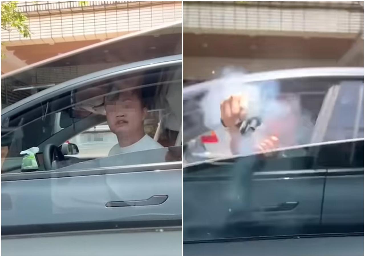 特斯拉男不滿其他車主未禮讓充電，不爽攔車挑釁叫囂，甚至還持「BB槍」狂射對方車內，（翻攝自爆料公社）