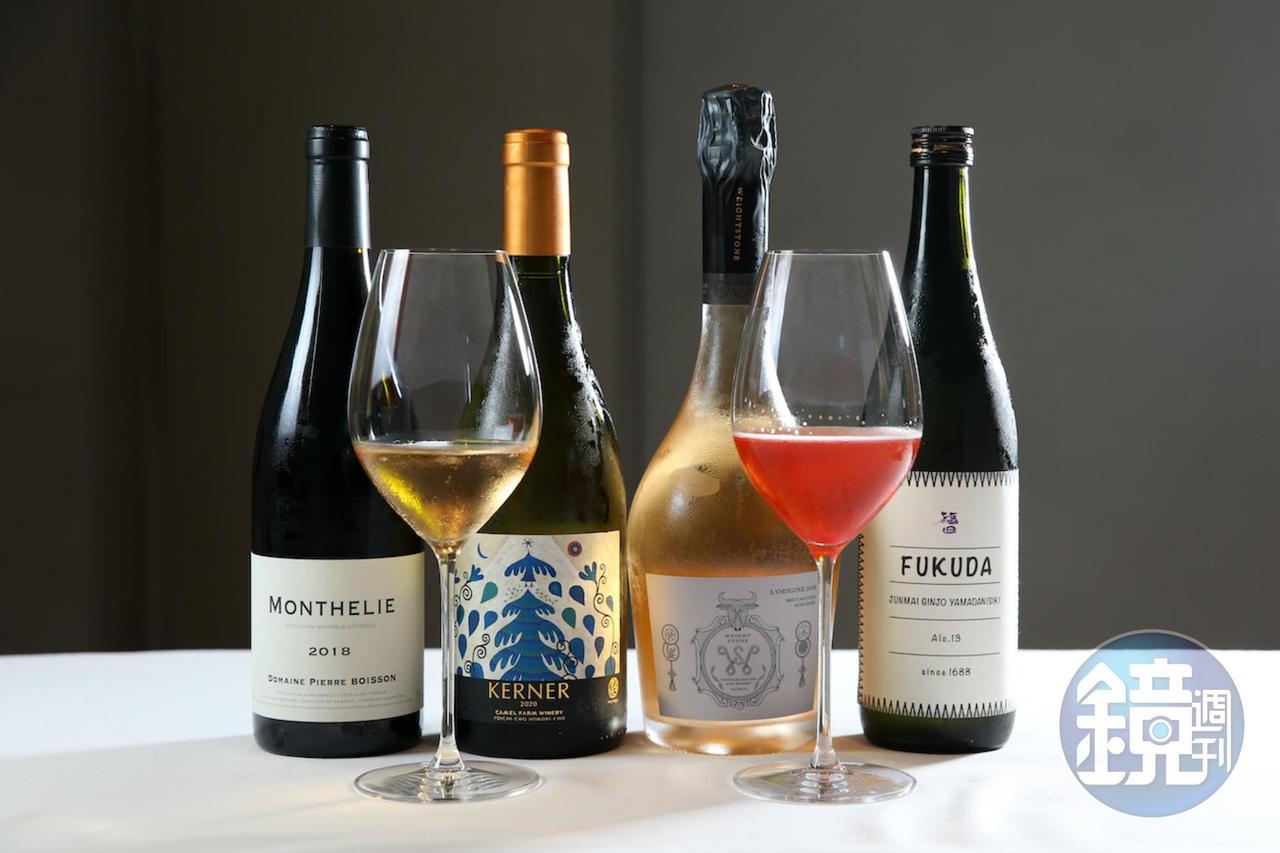 餐酒以葡萄酒、清酒交錯登場,組合活潑;無酒精調飲以蔬果及茶調配,風味明確細緻。