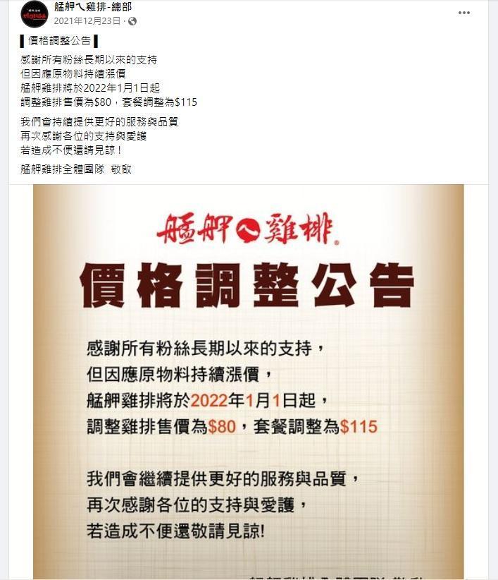 艋舺雞排總部今年1月起才調整價格,時隔半年又有部分分店傳出漲價。(翻攝自艋舺ㄟ機排總部臉書)