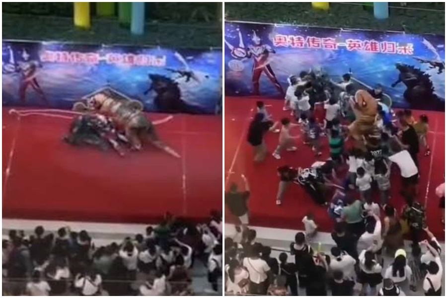 中國湖北省鍾祥市某商場的超人力霸王表演活動，因孩子們衝上台而失控。（翻攝自微博）
